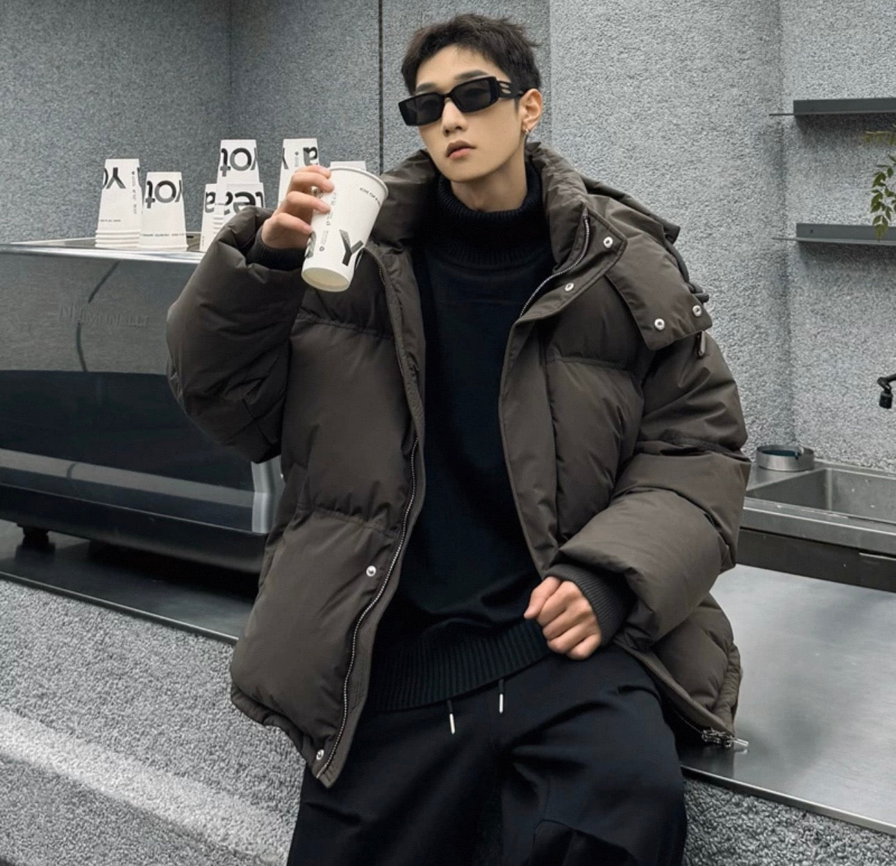 Three colors of men's winter down jackets