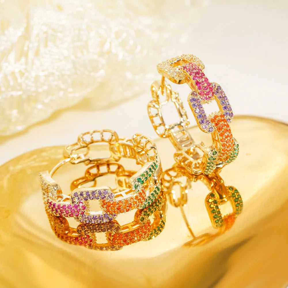 ThreeGraces Romantic Multicolor Cubic Zirconia Gold Color Fashion Geometric Hoop Earrings for Women Chic Party Jewelry ER898