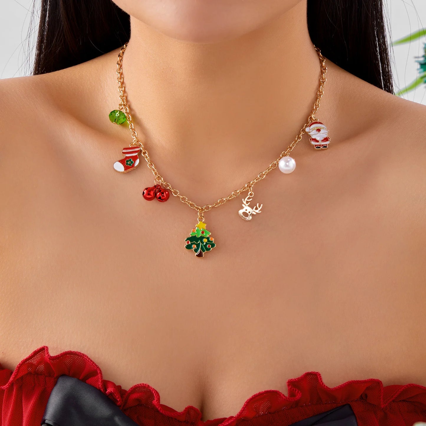 Cartoon Christmas Tree Bells Choker Necklace for Women Delicate Snowman Santa Claus Reindeer Chain Festival Party Jewelry Gifts