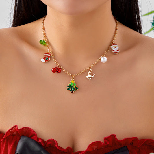 Cartoon Christmas Tree Bells Choker Necklace for Women Delicate Snowman Santa Claus Reindeer Chain Festival Party Jewelry Gifts