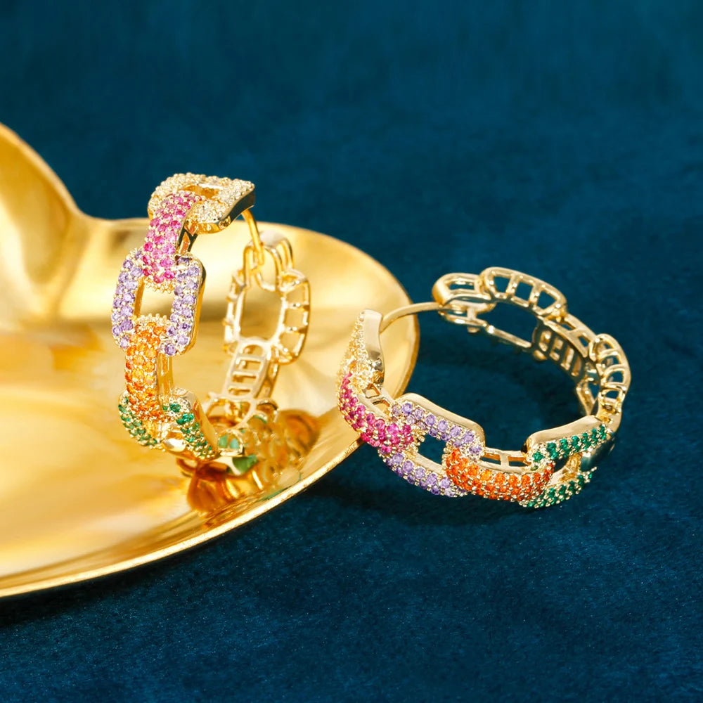 ThreeGraces Romantic Multicolor Cubic Zirconia Gold Color Fashion Geometric Hoop Earrings for Women Chic Party Jewelry ER898