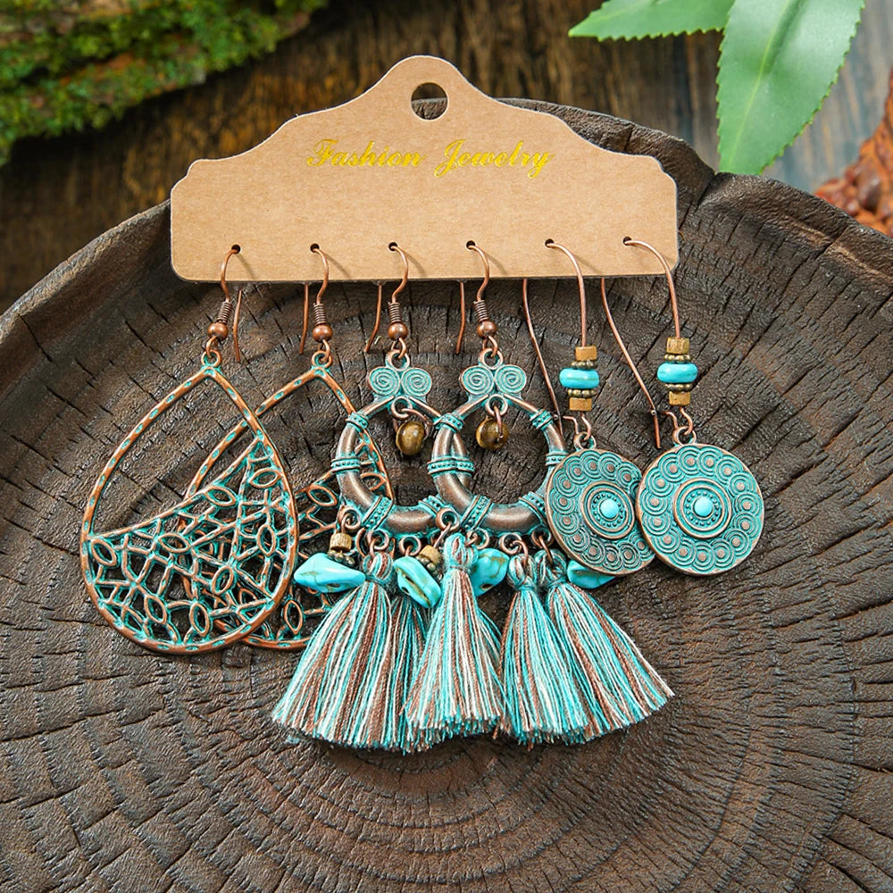 12/3 Pairs Vintage Boho Dangle Earrings Set Antique Bronze Statement Geometric Jewelry Tribal Old Craft Earrings Daily Wear