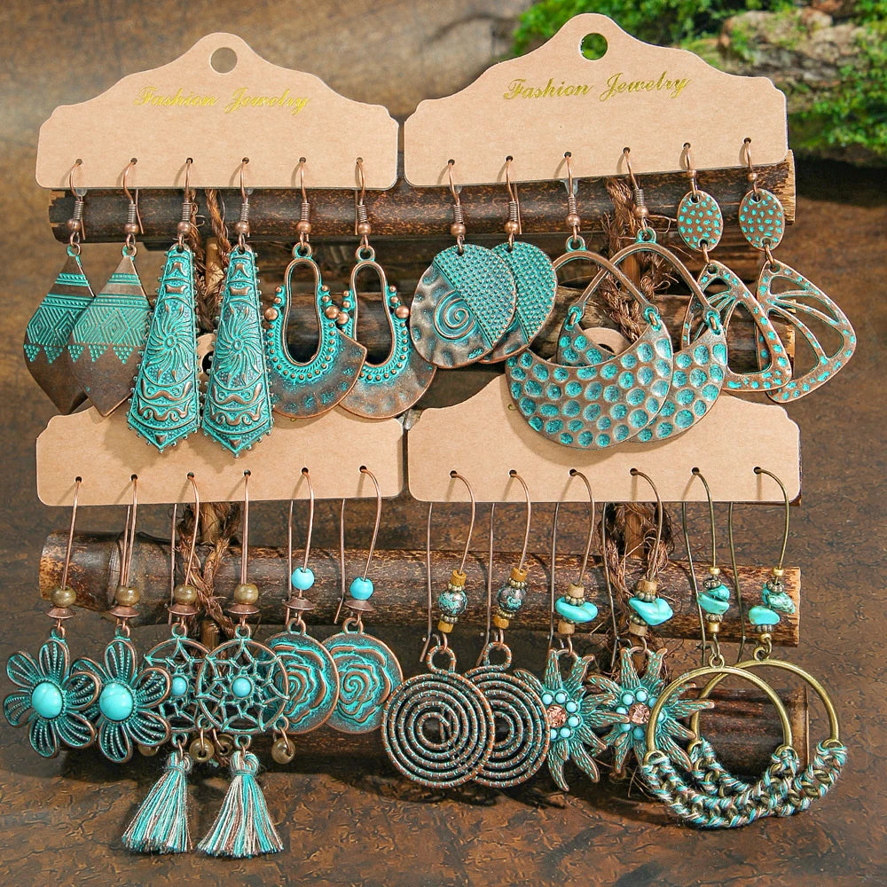 12/3 Pairs Vintage Boho Dangle Earrings Set Antique Bronze Statement Geometric Jewelry Tribal Old Craft Earrings Daily Wear