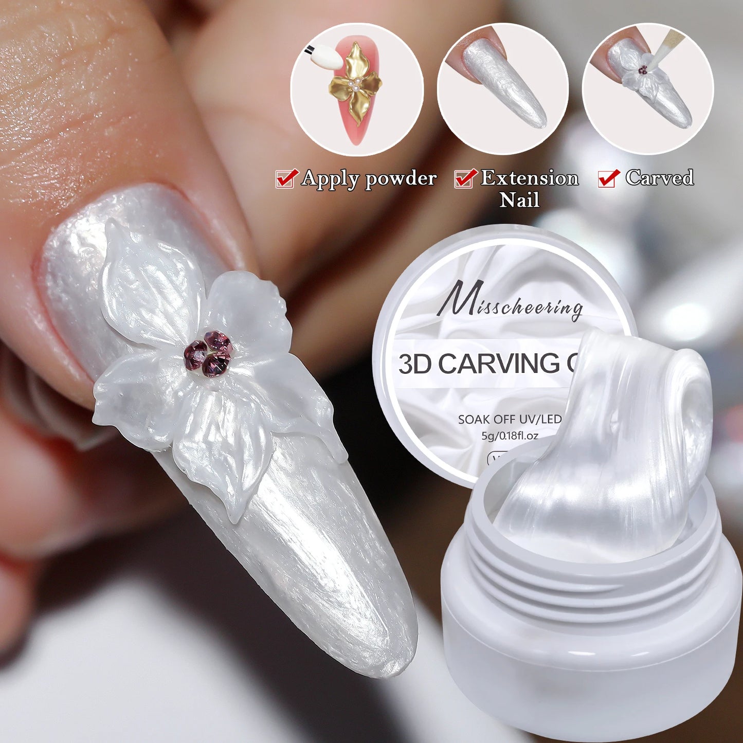 White pearlescent satin carving glue non-stick solid extension glue 3D carving flower acrylic gel varnish DIY nail art design