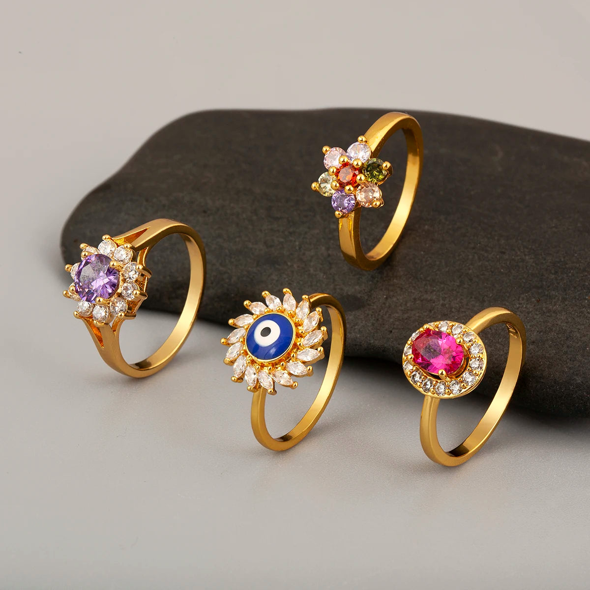 Nidin New Fashion 3 Styles Flower Shape Shiny Crystal Zircon Rings For Women Elegant Aesthetic Finger Jewelry Wedding Gifts