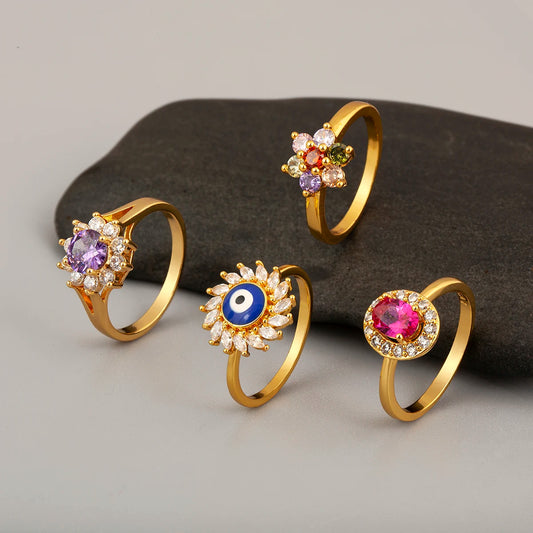 Nidin New Fashion 3 Styles Flower Shape Shiny Crystal Zircon Rings For Women Elegant Aesthetic Finger Jewelry Wedding Gifts