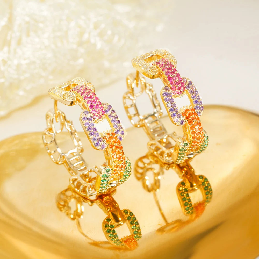 ThreeGraces Romantic Multicolor Cubic Zirconia Gold Color Fashion Geometric Hoop Earrings for Women Chic Party Jewelry ER898