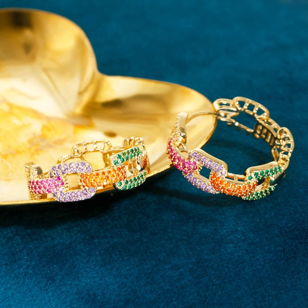 ThreeGraces Romantic Multicolor Cubic Zirconia Gold Color Fashion Geometric Hoop Earrings for Women Chic Party Jewelry ER898