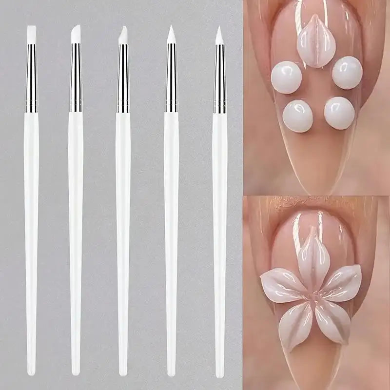 5 Nail Brushes with Silicone Tips, a Set of Tools for Trimming, Carving, Embossing, Creating Hollow Sculptures, and Decorating Acrylic Nails