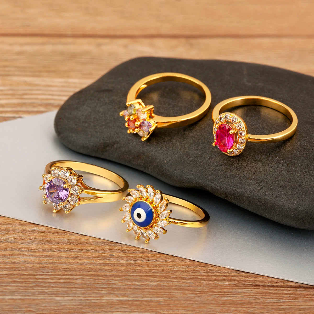 Nidin New Fashion 3 Styles Flower Shape Shiny Crystal Zircon Rings For Women Elegant Aesthetic Finger Jewelry Wedding Gifts