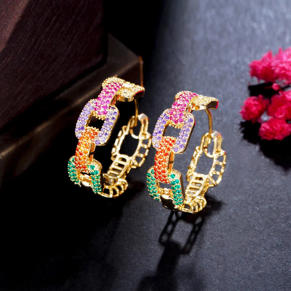 ThreeGraces Romantic Multicolor Cubic Zirconia Gold Color Fashion Geometric Hoop Earrings for Women Chic Party Jewelry ER898