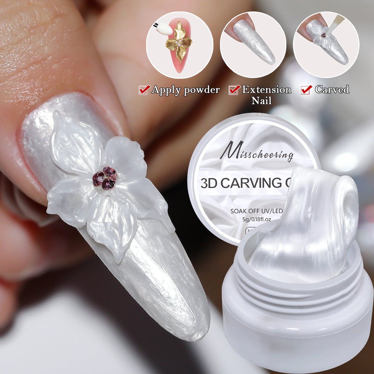 White pearlescent satin carving glue non-stick solid extension glue 3D carving flower acrylic gel varnish DIY nail art design
