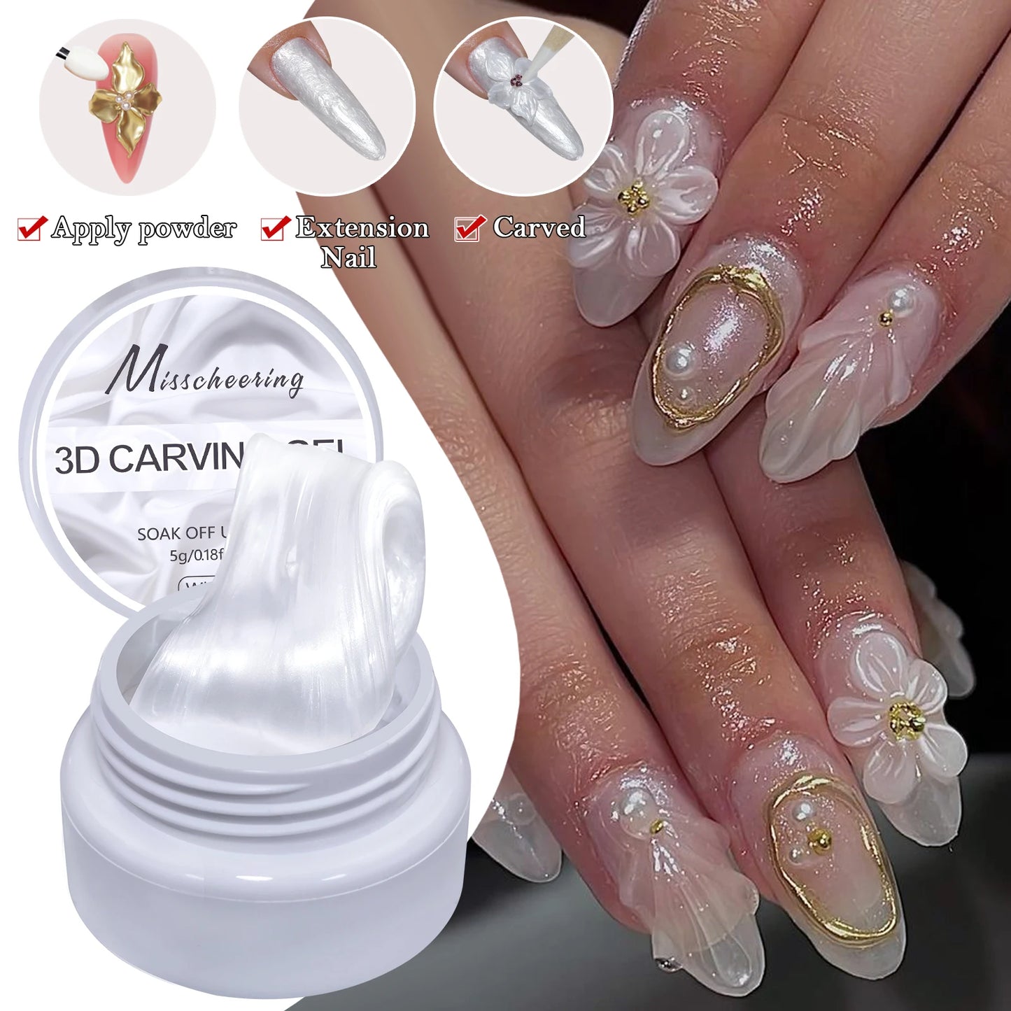 White pearlescent satin carving glue non-stick solid extension glue 3D carving flower acrylic gel varnish DIY nail art design