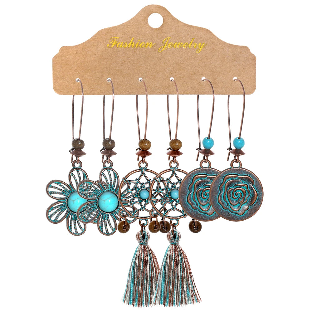 12/3 Pairs Vintage Boho Dangle Earrings Set Antique Bronze Statement Geometric Jewelry Tribal Old Craft Earrings Daily Wear