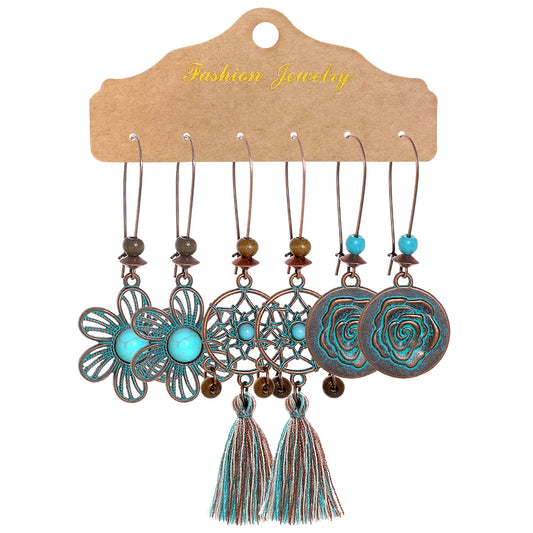 12/3 Pairs Vintage Boho Dangle Earrings Set Antique Bronze Statement Geometric Jewelry Tribal Old Craft Earrings Daily Wear