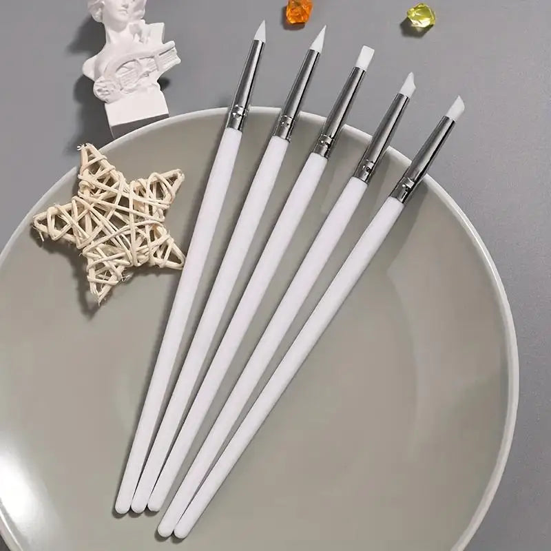 5 Nail Brushes with Silicone Tips, a Set of Tools for Trimming, Carving, Embossing, Creating Hollow Sculptures, and Decorating Acrylic Nails