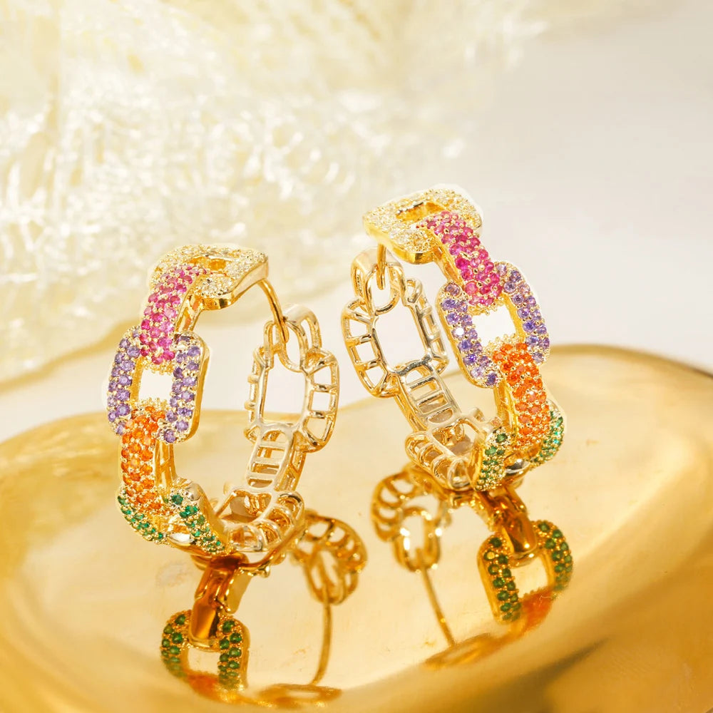 ThreeGraces Romantic Multicolor Cubic Zirconia Gold Color Fashion Geometric Hoop Earrings for Women Chic Party Jewelry ER898