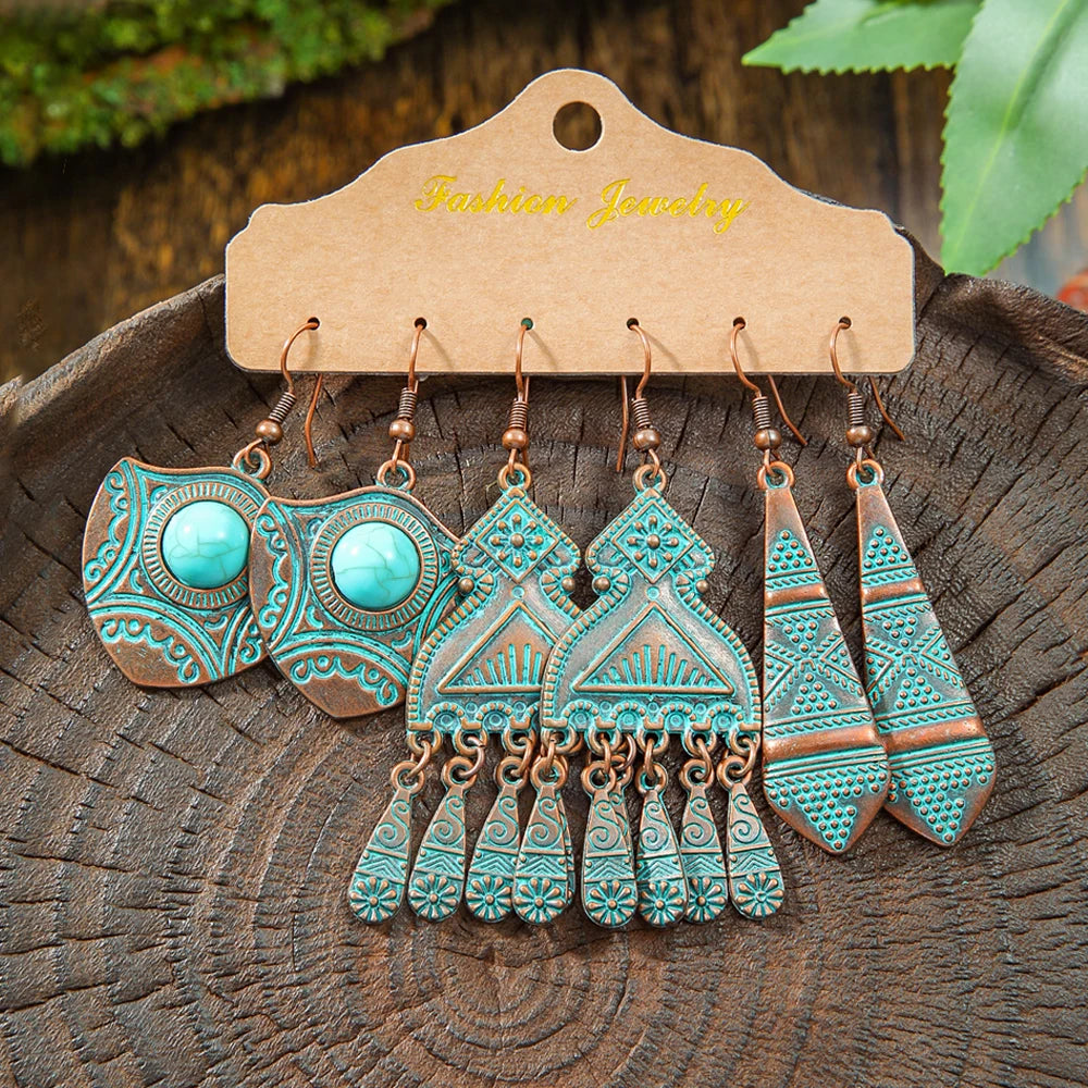 12/3 Pairs Vintage Boho Dangle Earrings Set Antique Bronze Statement Geometric Jewelry Tribal Old Craft Earrings Daily Wear
