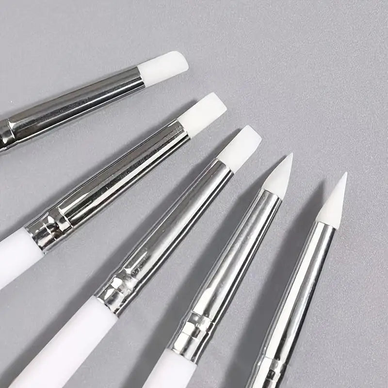 5 Nail Brushes with Silicone Tips, a Set of Tools for Trimming, Carving, Embossing, Creating Hollow Sculptures, and Decorating Acrylic Nails