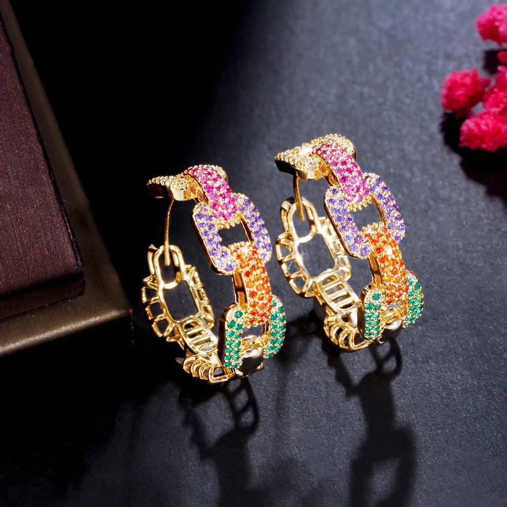 ThreeGraces Romantic Multicolor Cubic Zirconia Gold Color Fashion Geometric Hoop Earrings for Women Chic Party Jewelry ER898
