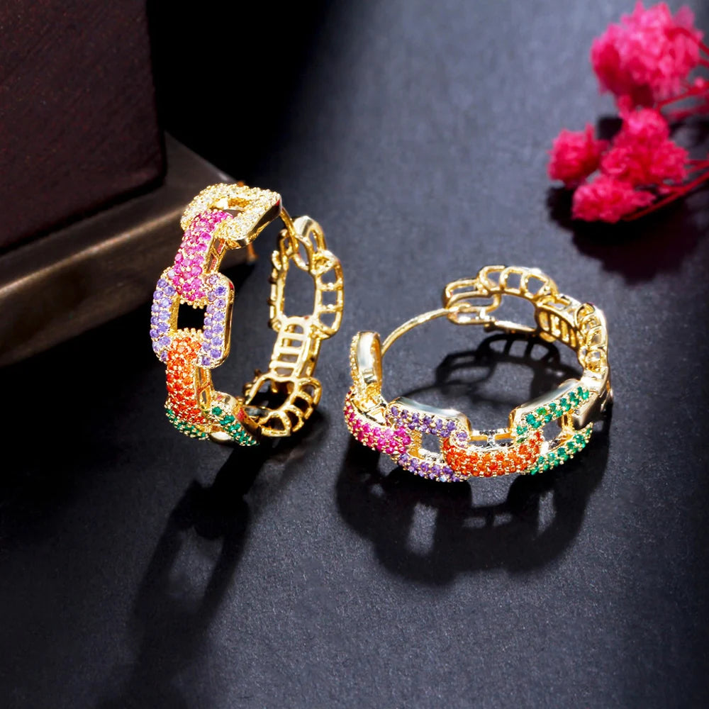 ThreeGraces Romantic Multicolor Cubic Zirconia Gold Color Fashion Geometric Hoop Earrings for Women Chic Party Jewelry ER898