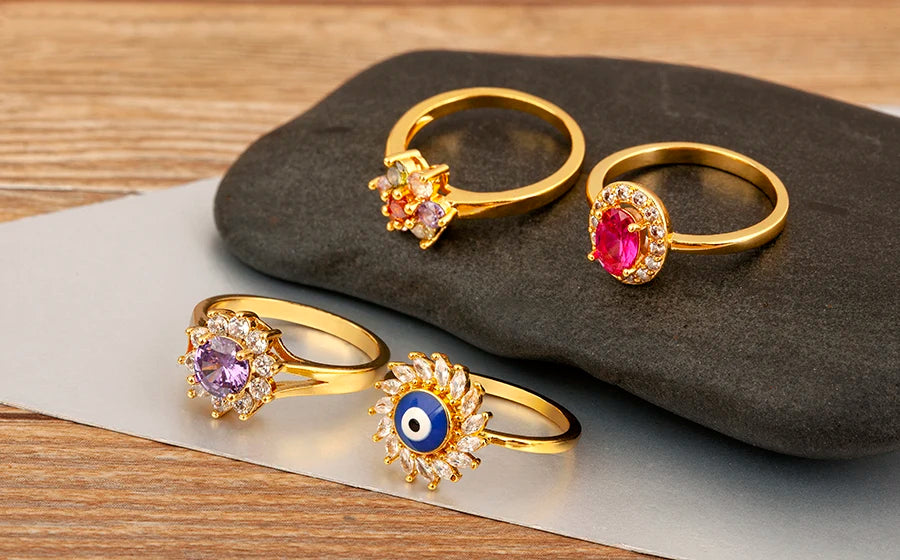 Nidin New Fashion 3 Styles Flower Shape Shiny Crystal Zircon Rings For Women Elegant Aesthetic Finger Jewelry Wedding Gifts