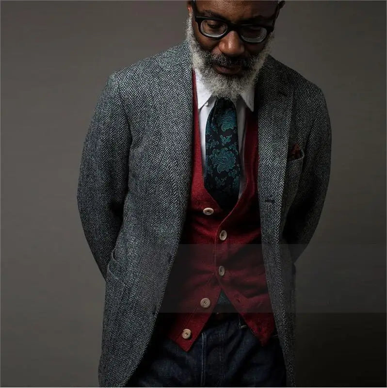 Men's Suit Herringbone Blazer Prom Tuxedos Wool Tweed Single Breasted Formal Bussiness/Wedding Jacket（Only Coat）