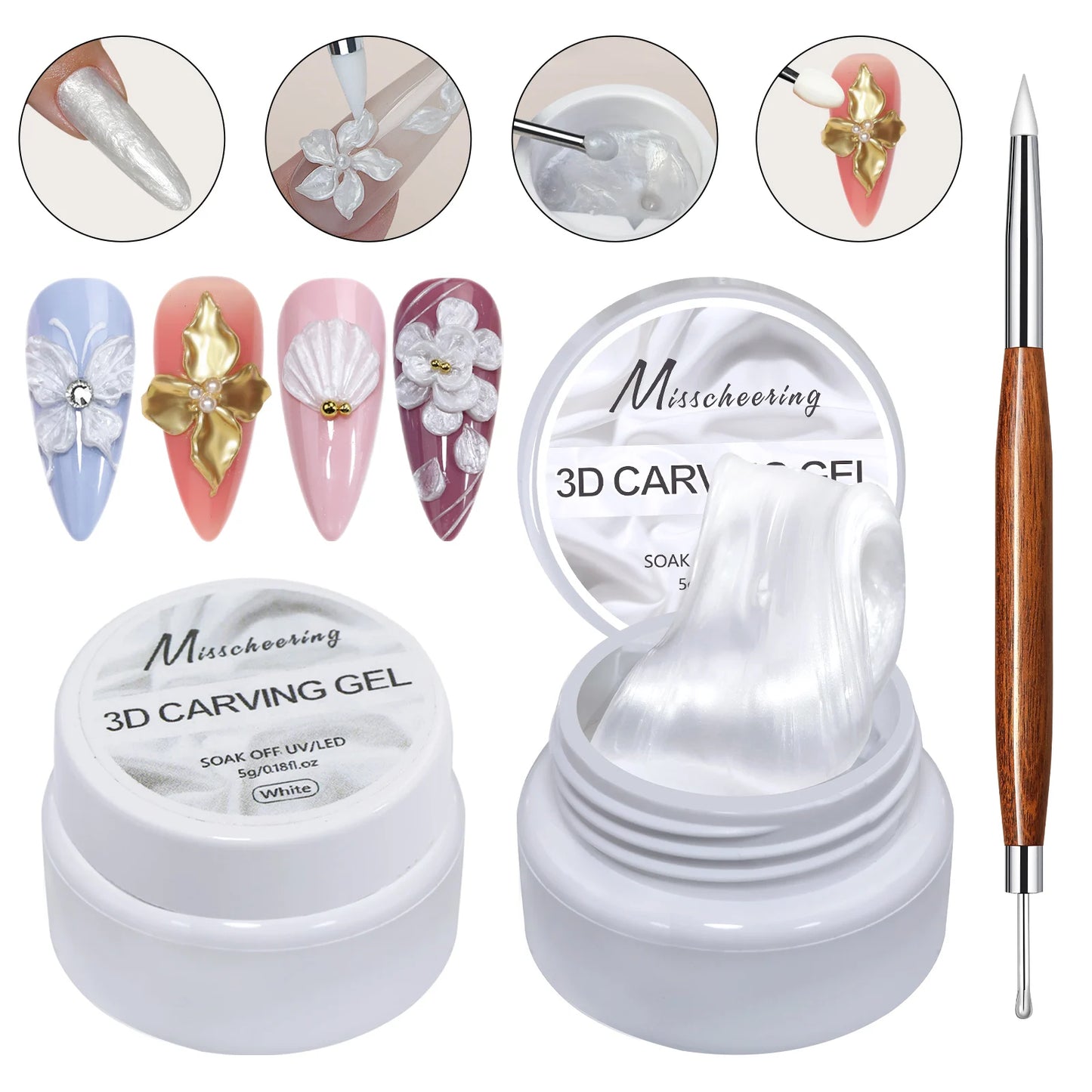 White pearlescent satin carving glue non-stick solid extension glue 3D carving flower acrylic gel varnish DIY nail art design