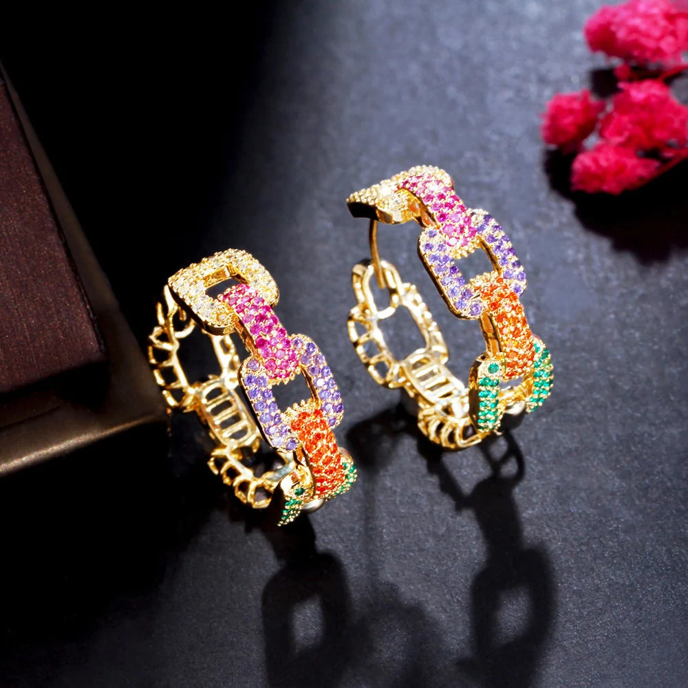 ThreeGraces Romantic Multicolor Cubic Zirconia Gold Color Fashion Geometric Hoop Earrings for Women Chic Party Jewelry ER898
