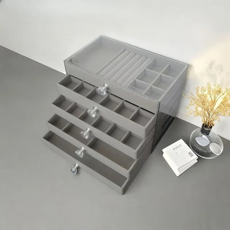 New 5 Layers Exquisite Gray Jewelry Box Earrings Ring Drawer Type Storage Box Large Capacity Anti-oxidation Jewelry Box